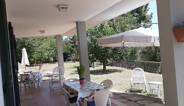 detached house, surrounded by green oaks and olive trees.