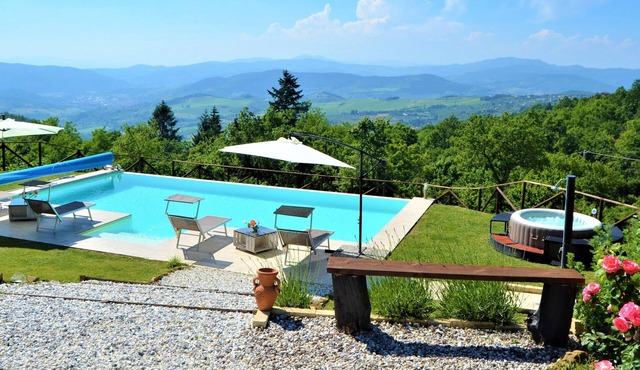 Tuscan villa with infinity salt private pool and jacuzzi on breathtaking view in Pelago